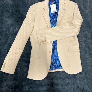 Cream Textured Men's Blazer with Blue Floral Lining